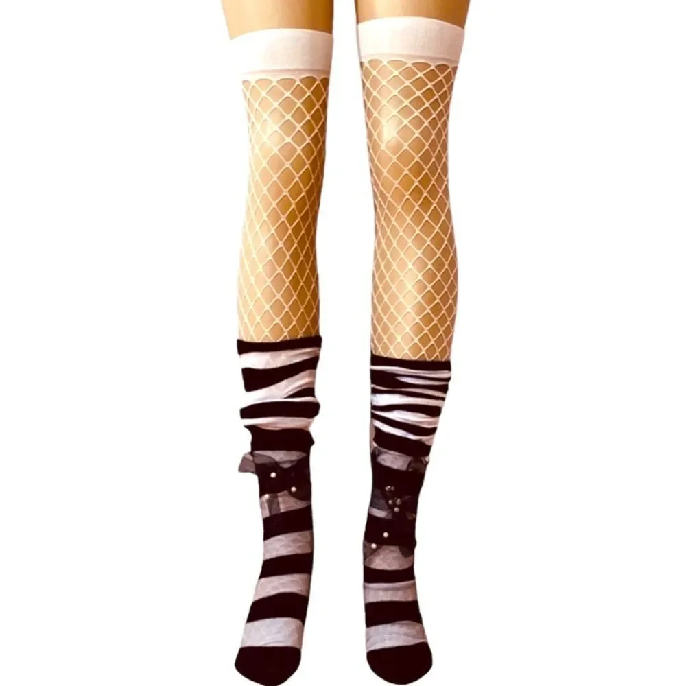 White Fishnet Thigh High Stockings -NEW